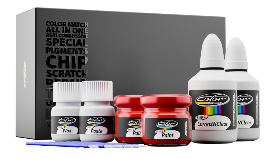 Complete touch up paint repair kit — factory-matched paint, Correct N Clear blending solution, wax, paste, precision brushes, and application tools displayed with product box